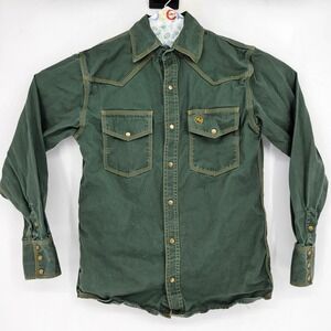 Western Welder Shirt Mens Medium Green Snap Front Workwear Stitch FLAWS